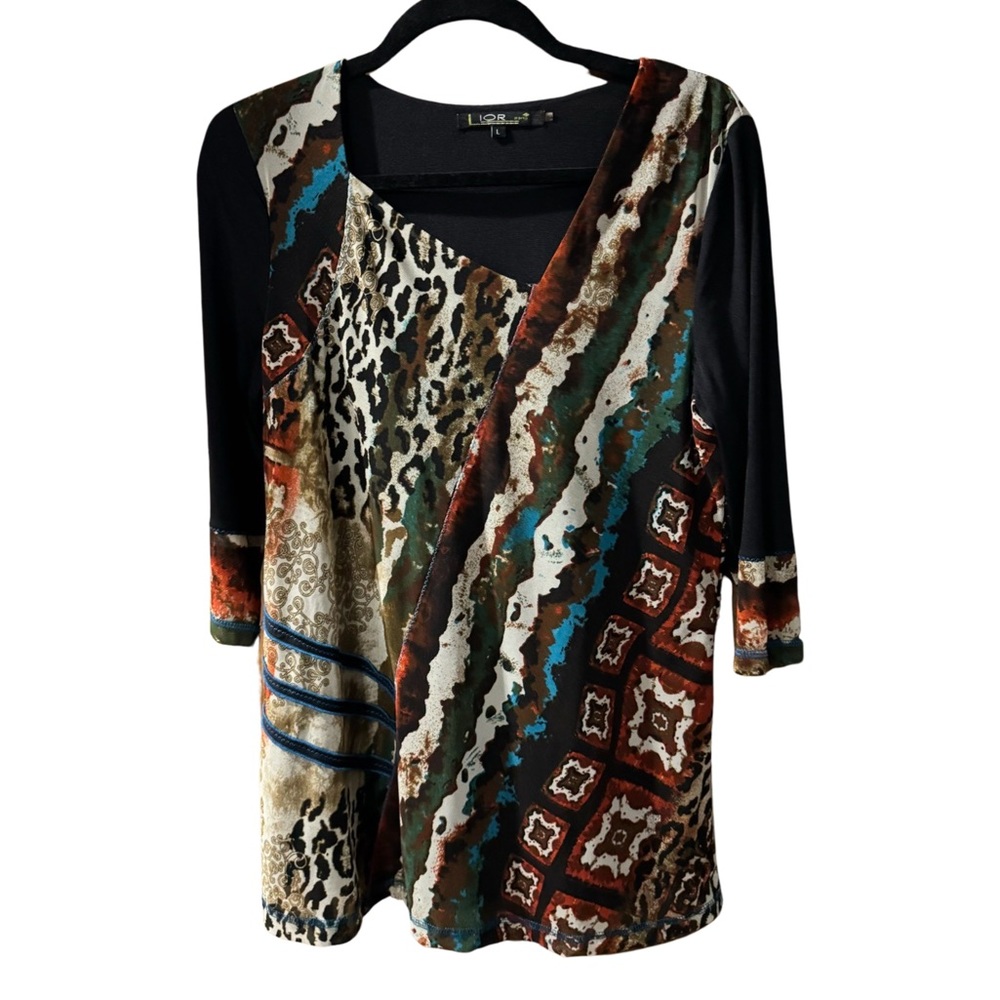 LIOR Paris L artsy abstract  print knit tunic top 3/4 sleeves Black Sz L Large